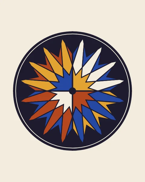 A sixteen-fold rosette on a large ink disc, cut into four quarters by ink lines, each quarter coloured in a different arrangement of cobalt, saffron, clay and bone, on a plain bone sheet.