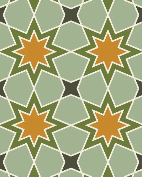 A close crop of olive eight-point stars, each holding an ochre star of the same shape, on a ground of sage petals with small moss four-point stars and bone joints.