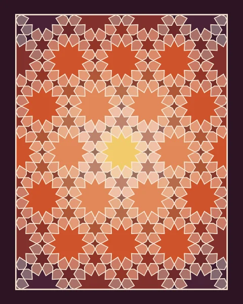 A framed twelve-fold star field whose colours glow outward tile by tile from the centre: pale saffron and blush in the middle, then persimmon and clay, with aubergine at the corners.