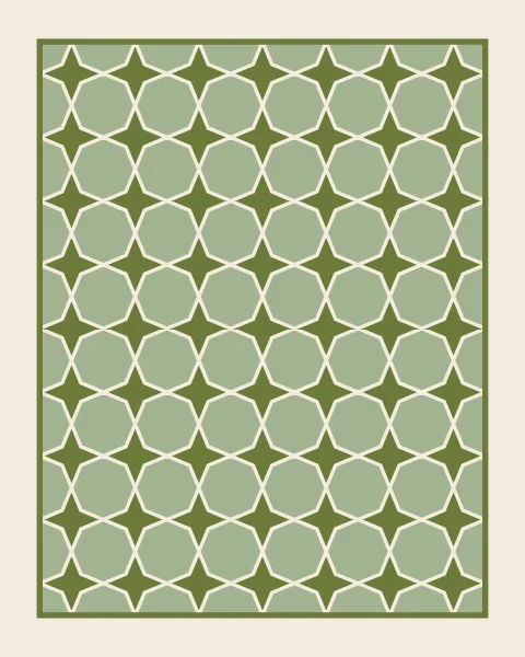 A framed field of pale sage octagons and deeper green four-point stars separated by bone joints.