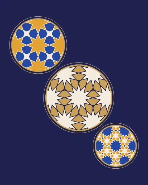 Three round windows of different sizes set on a diagonal across an indigo sheet, each ringed in gold and showing a different star pattern: saffron and cobalt eight-fold, bone and gold twelve-fold, and a small cobalt and saffron twelve-fold.