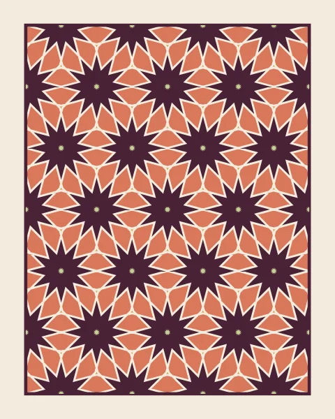 A framed twelve-fold star pattern: aubergine twelve-point stars, each holding a pistachio star, ringed by clay petals and small ochre pieces, all in bone joints.