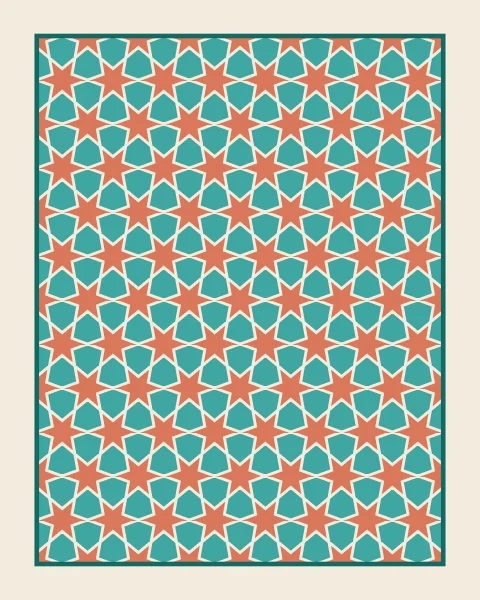 A framed field of clay stars and turquoise hexagonal pieces in bone joints, on a bone ground with a fine teal frame.