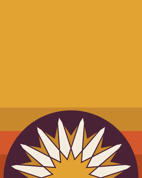Half of a sixteen-fold rosette rises from the bottom edge on an aubergine disc, with a saffron star, bone petals and ochre points, over horizontal bands of saffron, ochre, persimmon and clay.
