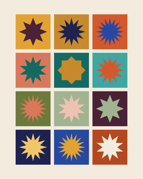 Square tiles set in a grid on a bone ground, each in a different glaze with one star in another colour; the stars have eight, ten, twelve or sixteen points.