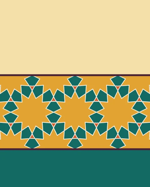 A wide band of twelve-fold star tiles, saffron stars and teal pieces with bone joints, runs across the sheet between plum rules, with pale gold above and deep teal below.