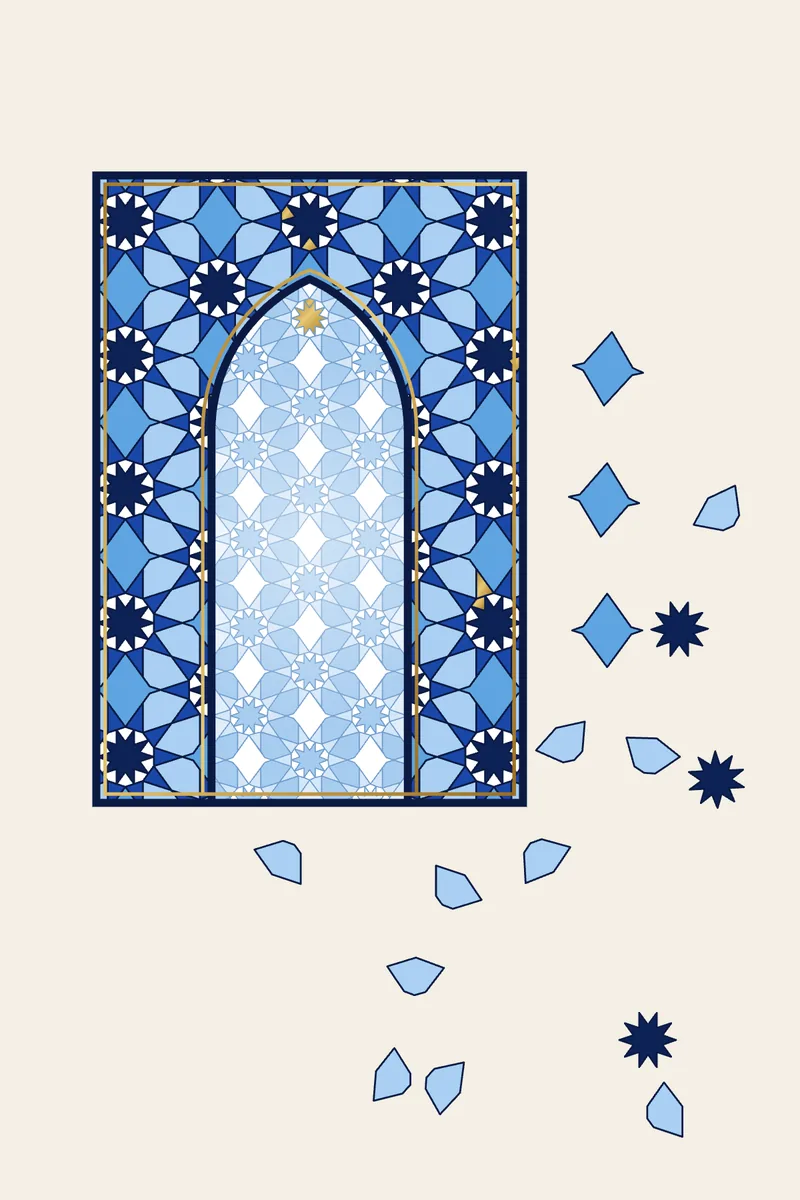 A pointed arch framed in ten-fold girih tilework in cobalt and sky blue, whose pattern loosens beyond the frame and drifts away in separate tiles, a few of them gold.