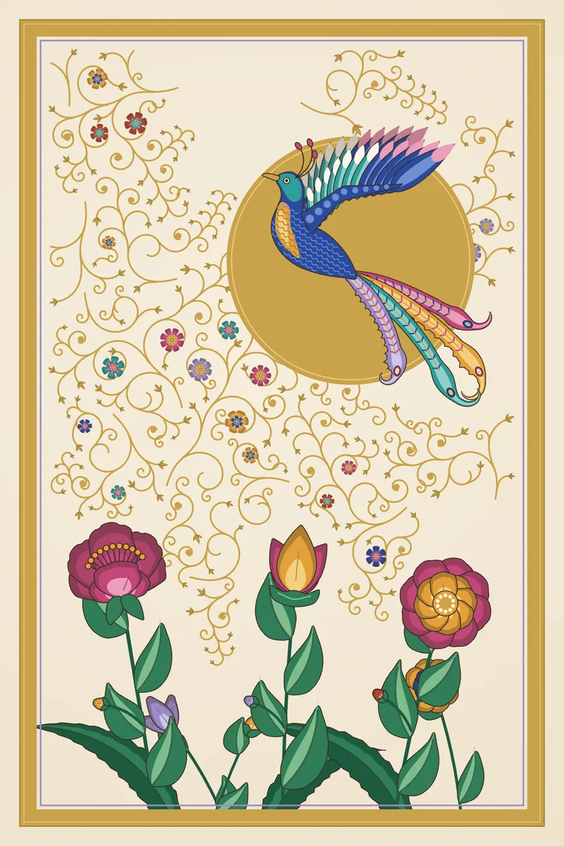 A long-tailed bird with banded rose, saffron, turquoise and lavender plumes flies across a gold moon above peonies, lotus and tulips, among fine gold scrolls and small blossoms within a gilded frame.