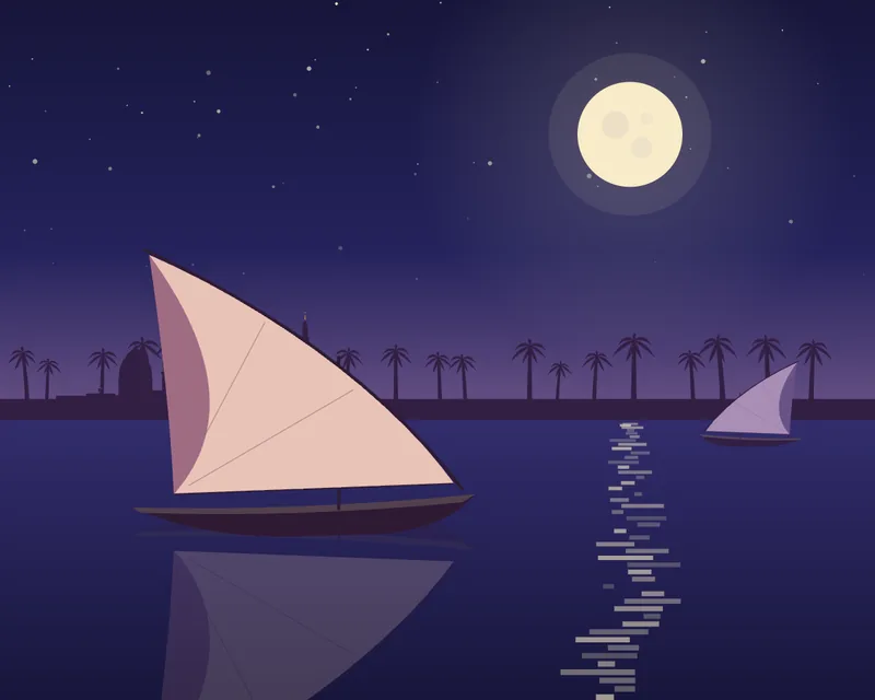 A felucca with a pale lateen sail drifts on the Nile under a full moon, with palms and minarets along the far bank.