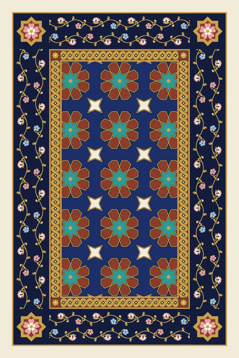 A broad midnight border of gold scrolls, hatayi blossoms and small pink, blue and white flowers, with star corner blocks, frames a twisted gold band and an eight-fold star field.